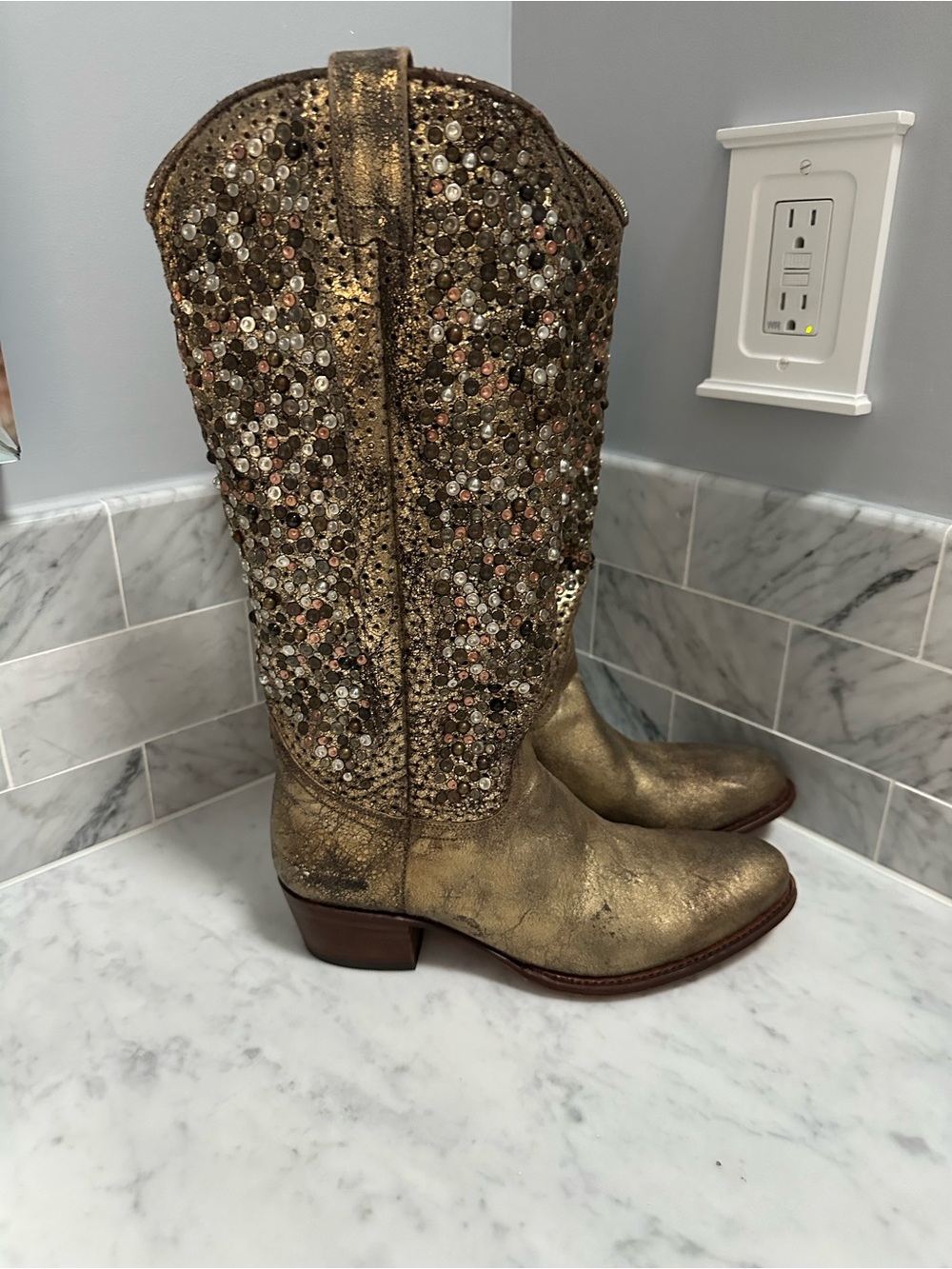 Frye Deborah tall studded boots in gold